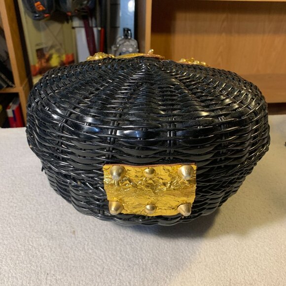 Vintage British Hong Kong Woven Wicker Basket Purse Handbag Black Gold - Picture 2 of 11